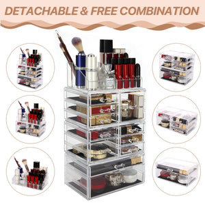 Cosmetic Storage Organizer, Makeup Case, ROSELIFE [TGHA] 4 Pieces Kit Jewelry Display, 11 Drawers, 16 Slots, Detachable, Clear