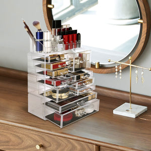 Cosmetic Storage Organizer, Makeup Case, ROSELIFE [TGHA] 4 Pieces Kit Jewelry Display, 11 Drawers, 16 Slots, Detachable, Clear