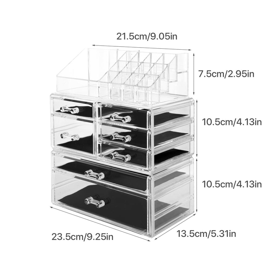 Cosmetic Storage Organizer, Makeup Case, ROSELIFE [THA] 3 Pieces Kit Jewelry Display, 7 Drawers, 16 Slots, Detachable, Clear