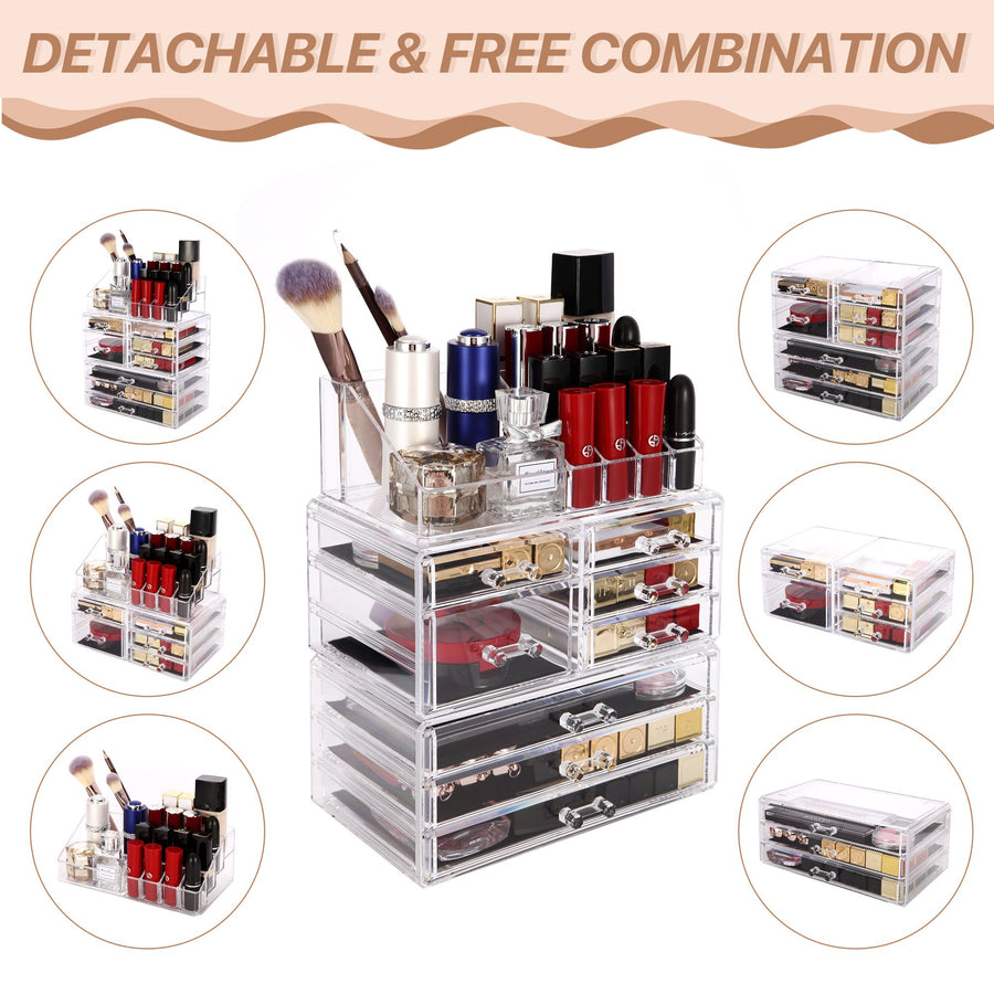Cosmetic Storage Organizer, Makeup Case, ROSELIFE [THC] 3 Pieces Kit Jewelry Display, 8 Drawers, 16 Slots, Detachable, Clear