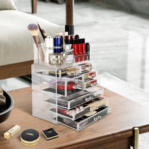 Cosmetic Storage Organizer, Makeup Case, ROSELIFE [THC] 3 Pieces Kit Jewelry Display, 8 Drawers, 16 Slots, Detachable, Clear