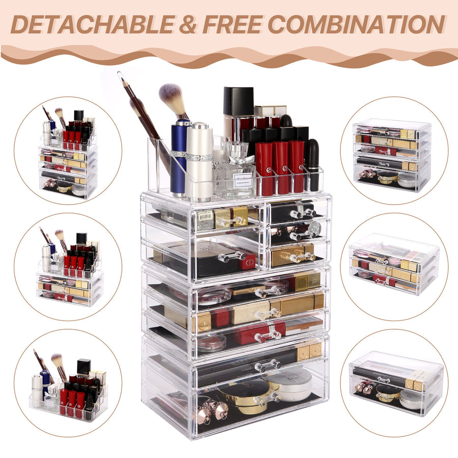 Cosmetic Storage Organizer, Makeup Case, ROSELIFE [THCA] 4 Pieces Kit Jewelry Display, 10 Drawers, 16 Slots, Detachable, Clear