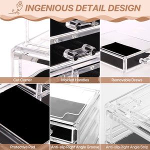 Cosmetic Storage Organizer, Makeup Case, ROSELIFE [THD] 3 Pieces Kit Jewelry Display, 8 Drawers, 16 Slots, Detachable, Clear