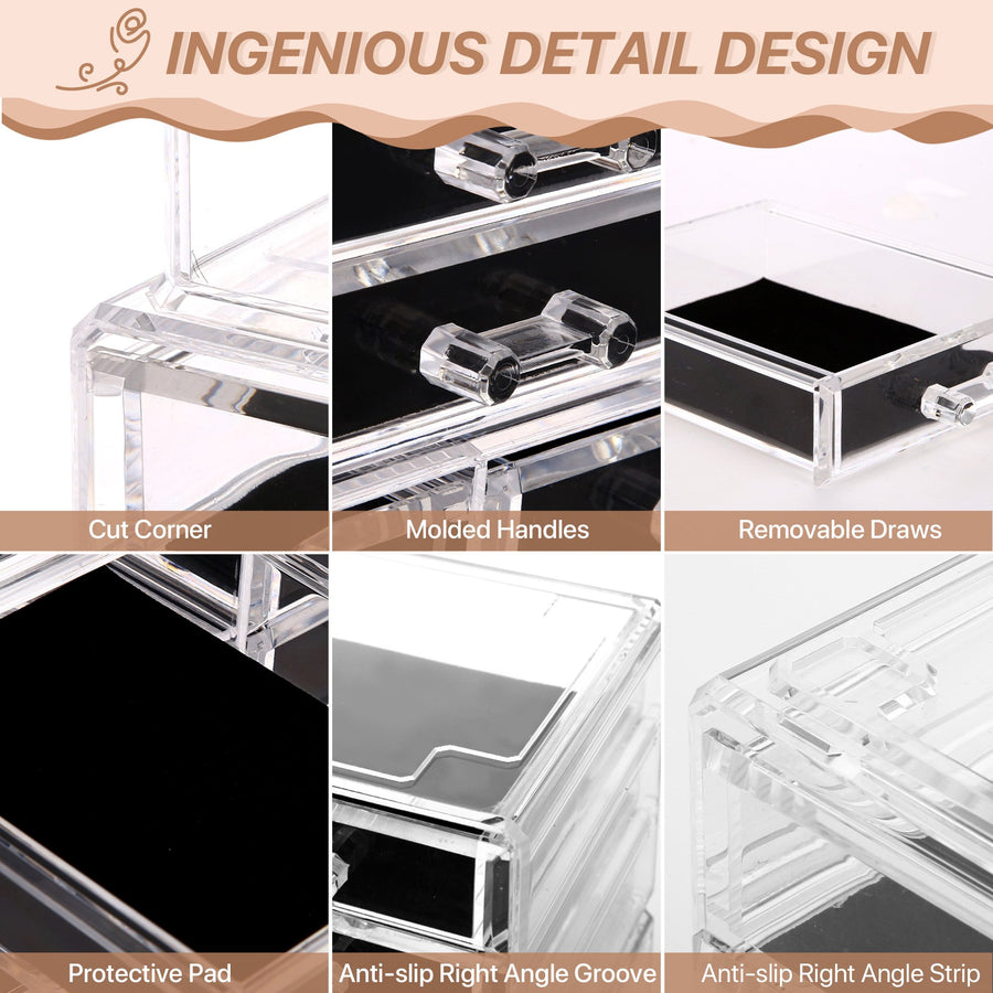 Cosmetic Storage Organizer, Makeup Case, ROSELIFE [THD] 3 Pieces Kit Jewelry Display, 8 Drawers, 16 Slots, Detachable, Clear