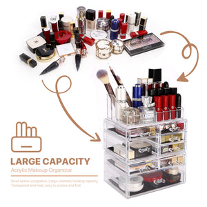 Cosmetic Storage Organizer, Makeup Case, ROSELIFE [THD] 3 Pieces Kit Jewelry Display, 8 Drawers, 16 Slots, Detachable, Clear