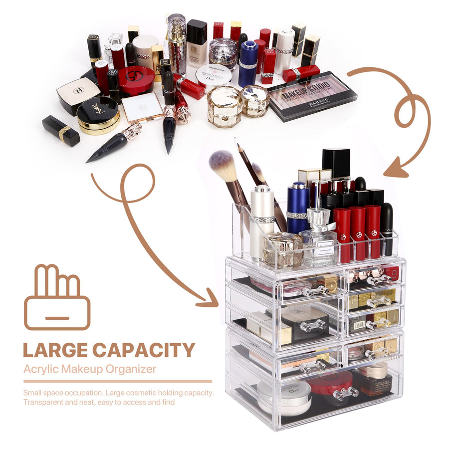Cosmetic Storage Organizer, Makeup Case, ROSELIFE [THD] 3 Pieces Kit Jewelry Display, 8 Drawers, 16 Slots, Detachable, Clear
