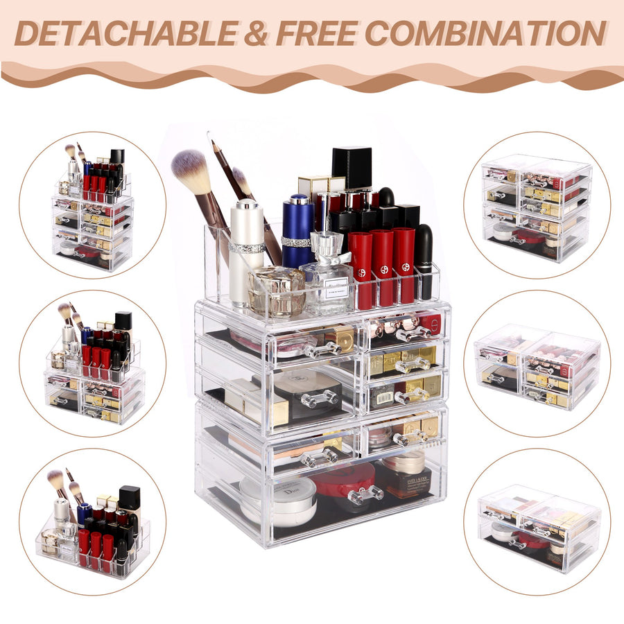 Cosmetic Storage Organizer, Makeup Case, ROSELIFE [THD] 3 Pieces Kit Jewelry Display, 8 Drawers, 16 Slots, Detachable, Clear