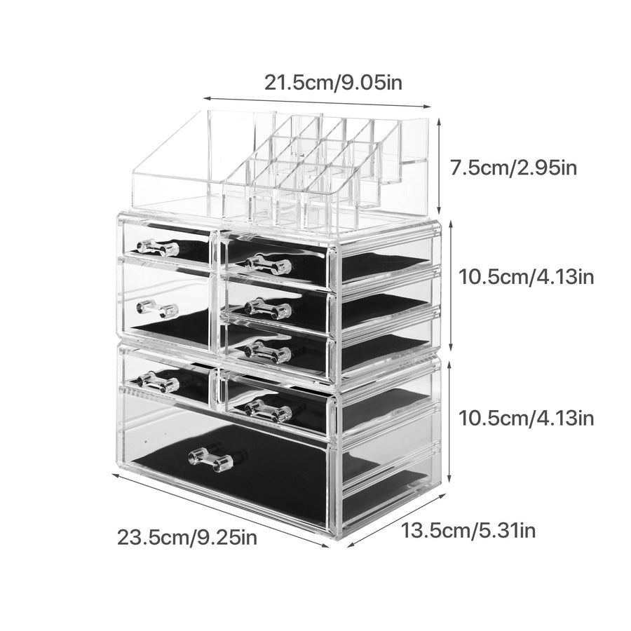Cosmetic Storage Organizer, Makeup Case, ROSELIFE [THD] 3 Pieces Kit Jewelry Display, 8 Drawers, 16 Slots, Detachable, Clear