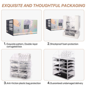 Cosmetic Storage Organizer, Makeup Case, ROSELIFE [THD] 3 Pieces Kit Jewelry Display, 8 Drawers, 16 Slots, Detachable, Clear