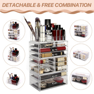 Cosmetic Storage Organizer, Makeup Case, ROSELIFE [THEA] 4 Pieces Kit Jewelry Display, 11 Drawers, 16 Slots, Detachable, Clear