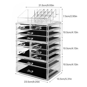 Cosmetic Storage Organizer, Makeup Case, ROSELIFE [THEA] 4 Pieces Kit Jewelry Display, 11 Drawers, 16 Slots, Detachable, Clear