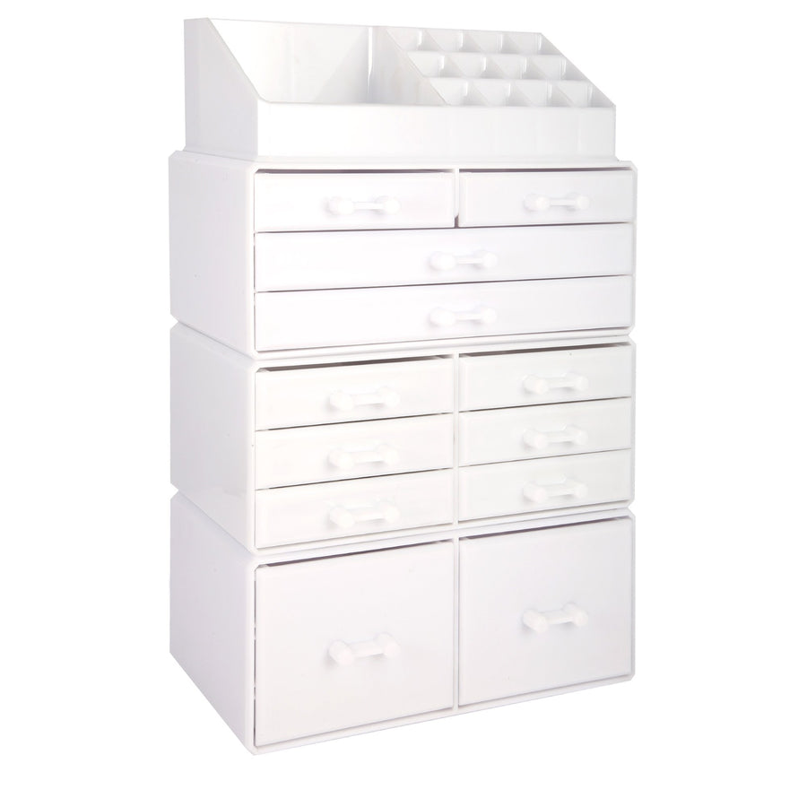 Cosmetic Storage Organizer, Makeup Case, ROSELIFE [TIEB] 4 Pieces Kit Jewelry Display, 12 Drawers, 16 Slots, Detachable, White