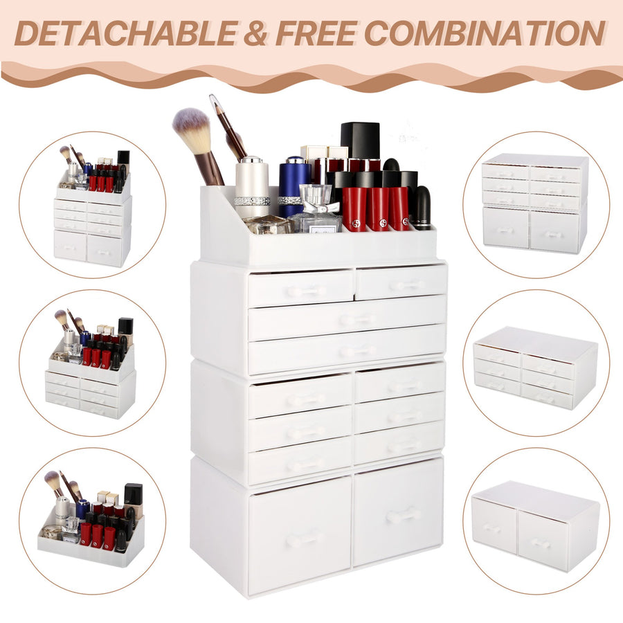 Cosmetic Storage Organizer, Makeup Case, ROSELIFE [TIEB] 4 Pieces Kit Jewelry Display, 12 Drawers, 16 Slots, Detachable, White