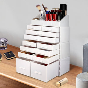 Cosmetic Storage Organizer, Makeup Case, ROSELIFE [TIEB] 4 Pieces Kit Jewelry Display, 12 Drawers, 16 Slots, Detachable, White