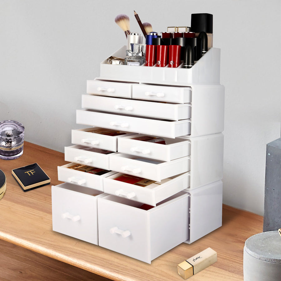 Cosmetic Storage Organizer, Makeup Case, ROSELIFE [TIEB] 4 Pieces Kit Jewelry Display, 12 Drawers, 16 Slots, Detachable, White