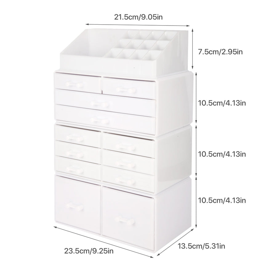 Cosmetic Storage Organizer, Makeup Case, ROSELIFE [TIEB] 4 Pieces Kit Jewelry Display, 12 Drawers, 16 Slots, Detachable, White
