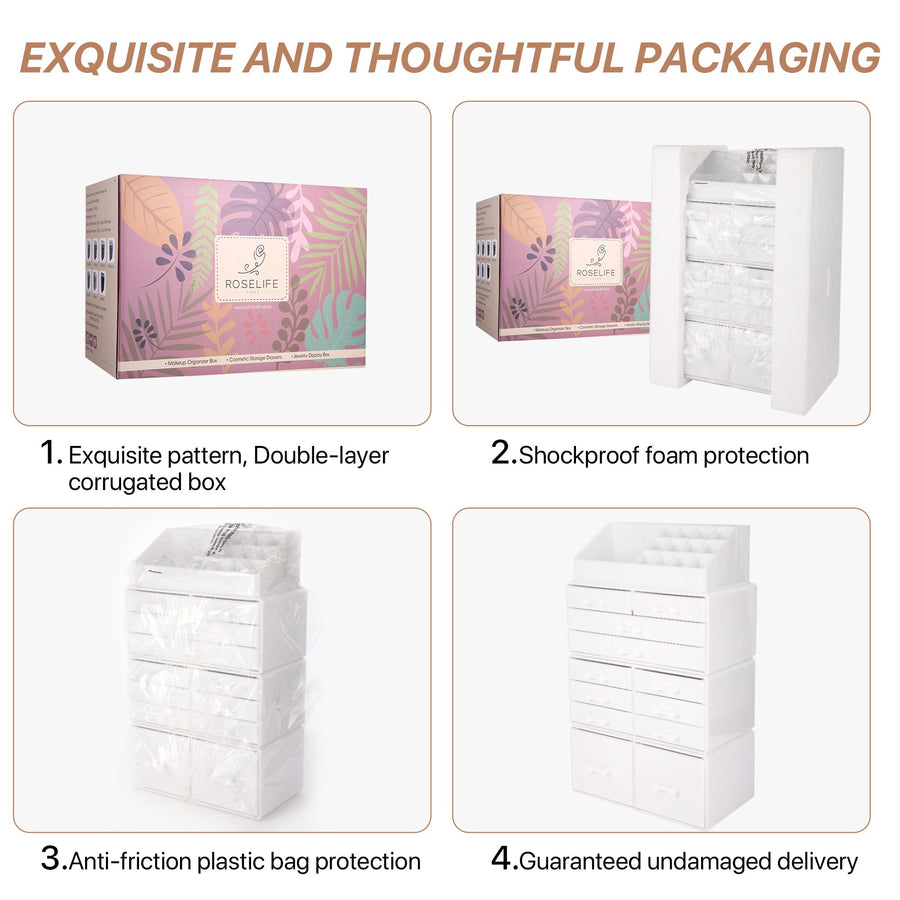 Cosmetic Storage Organizer, Makeup Case, ROSELIFE [TIEB] 4 Pieces Kit Jewelry Display, 12 Drawers, 16 Slots, Detachable, White