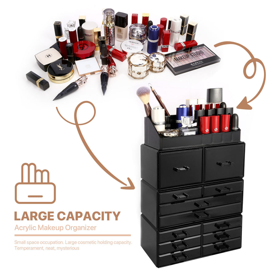 Cosmetic Storage Organizer, Makeup Case, ROSELIFE [TIEB] 4 Pieces Kit Jewelry Display, 12 Drawers, 16 Slots, Detachable, Black