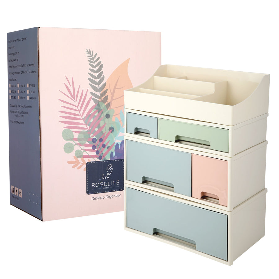 Organize storage box for multi-scene use, ROSELIFE [TADF-03] Desktop Organizer, 4 Pieces 5 Drawers, 5 Slots, Blue, Pink and Green Assortment