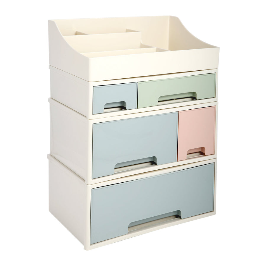 Organize storage box for multi-scene use, ROSELIFE [TADF-03] Desktop Organizer, 4 Pieces 5 Drawers, 5 Slots, Blue, Pink and Green Assortment
