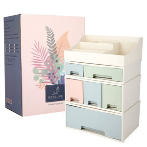 Organize storage box for multi-scene use, ROSELIFE [TAEF-04] Desktop Organizer, 4 Pieces 6 Drawers, 5 Slots, Blue, Pink and Green Assortment