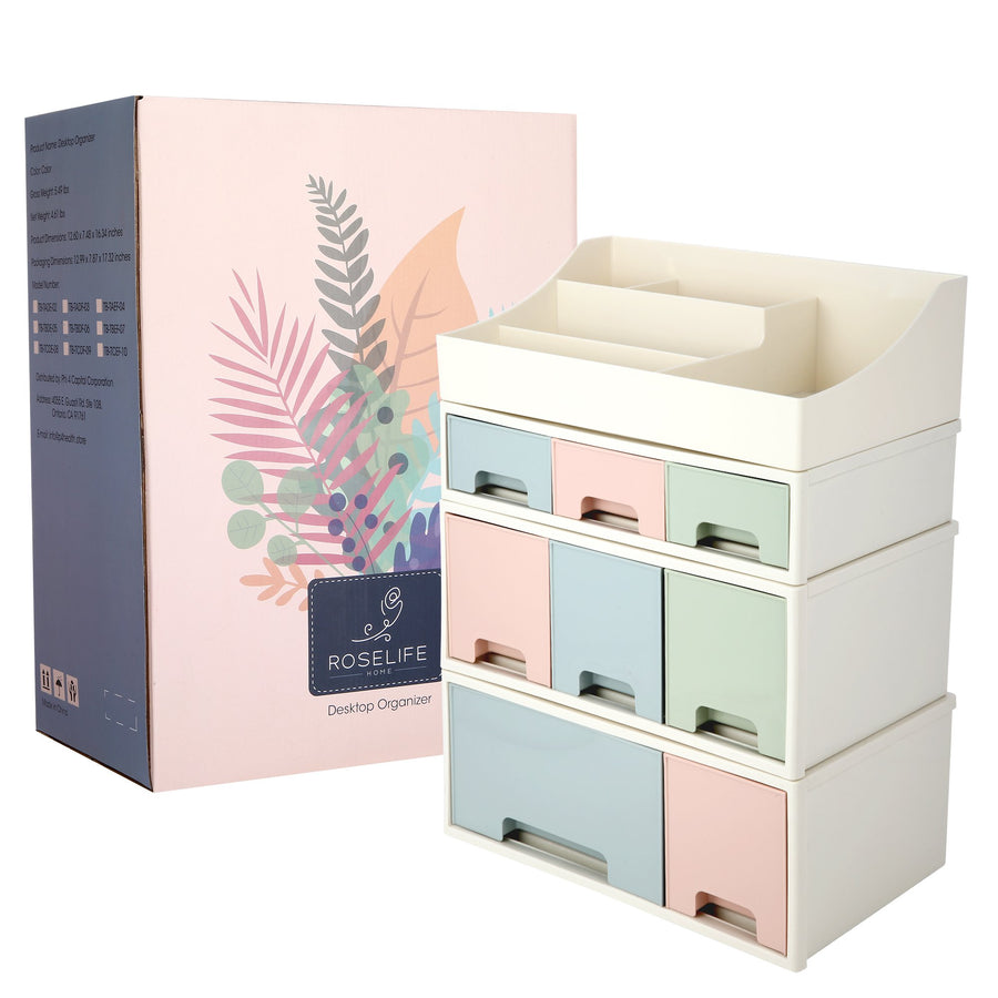 Organize storage box for multi-scene use, ROSELIFE [TBDE-05] Desktop Organizer, 4 Pieces 8 Drawers, 5 Slots, Blue, Pink and Green Assortment