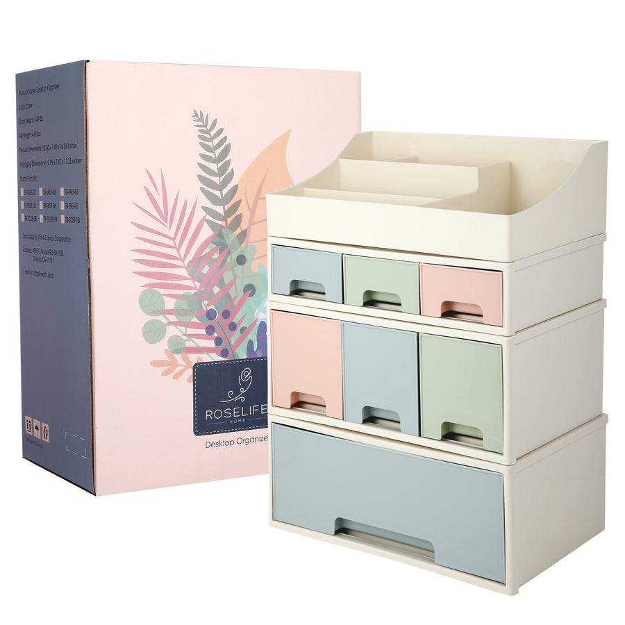 Organize storage box for multi-scene use, ROSELIFE [TBEF-07] Desktop Organizer, 4 Pieces 7 Drawers, 5 Slots, Blue, Pink and Green Assortment