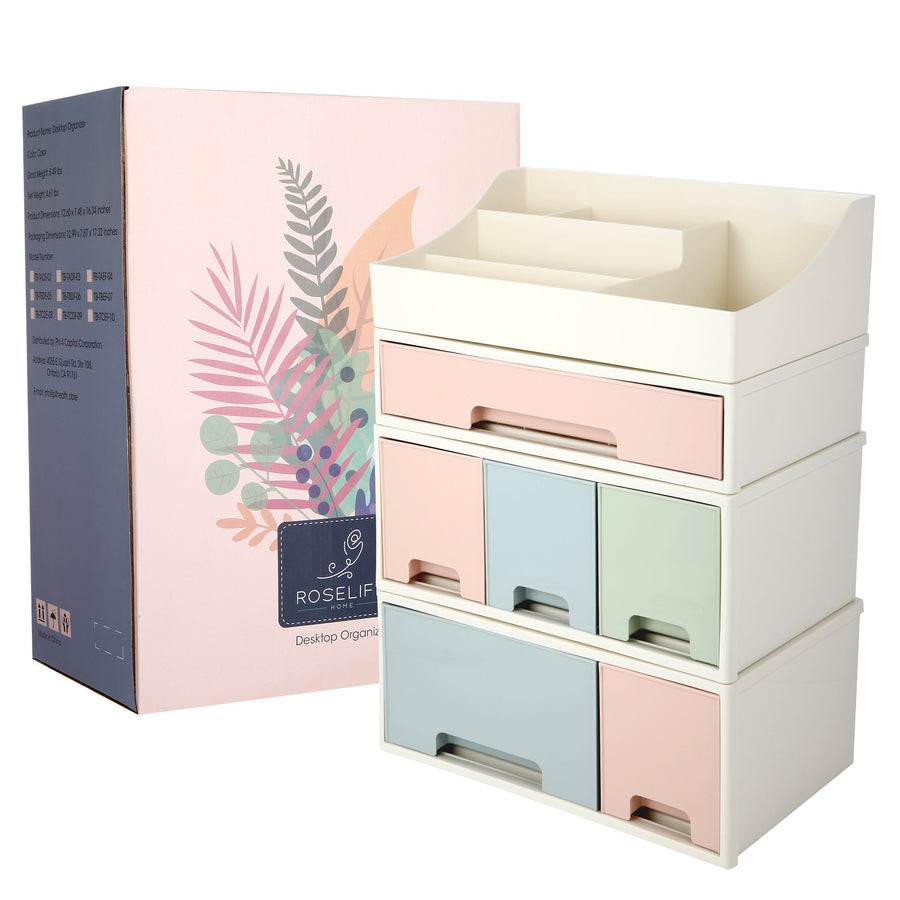 Organize storage box for multi-scene use, ROSELIFE [TCDE-08] Desktop Organizer, 4 Pieces 6 Drawers, 5 Slots, Blue, Pink and Green Assortment