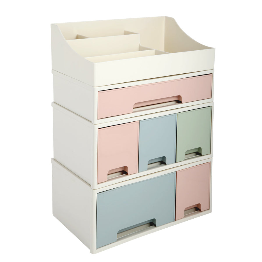 Organize storage box for multi-scene use, ROSELIFE [TCDE-08] Desktop Organizer, 4 Pieces 6 Drawers, 5 Slots, Blue, Pink and Green Assortment