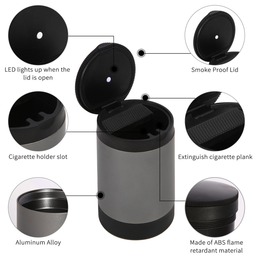STOP ONE Car Ashtray, Portable Ashtray, CA-161 Auto Ash Tray with Lid and Led, Grey
