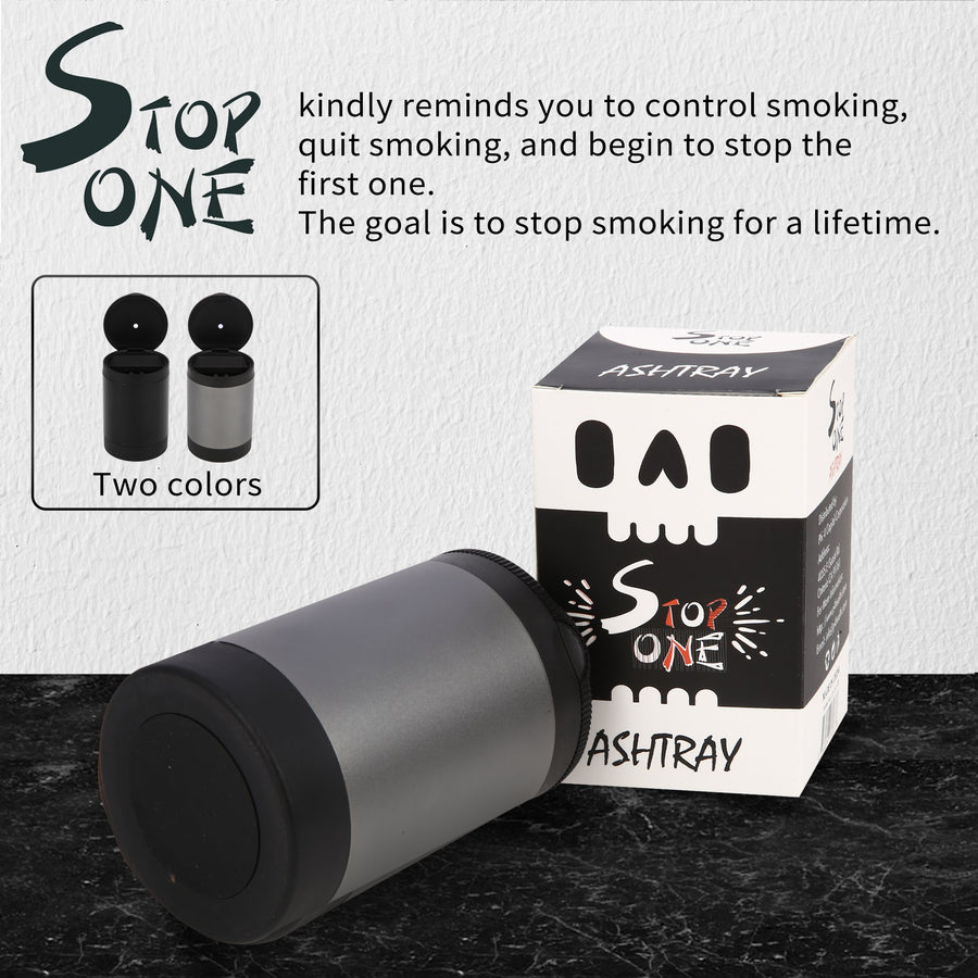 STOP ONE Car Ashtray, Portable Ashtray, CA-161 Auto Ash Tray with Lid and Led, Grey