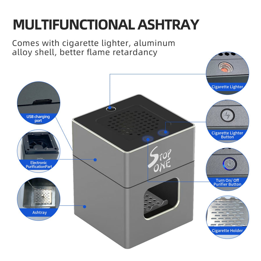 STOP ONE El-AL1 Aluminum Alloy Smokeless Ashtray, Rechargeable for Home Or Office Grey a Gift for Smoker